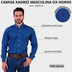 Camisa Masculina Ox Horns Manga Longa Xadrez Azul E Preto Ref:9514