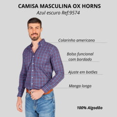 Camisa Masculina Ox Horns Manga Longa Xadrez Azul Escuro/Vermelho Com Logo Bordada Em Vermelho Ref:9574