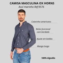 Camisa Masculina Ox Horns Manga Longa Xadrez Azul Marinho/Vermelho Com Logo Bordada Em Branco Ref:9576