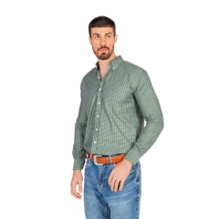 Camisa Masculina Ox Horns Manga Longa Xadrez Verde/Cinza Com Logo Bordada Em Cinza Ref:9572