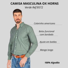 Camisa Masculina Ox Horns Manga Longa Xadrez Verde/Cinza Com Logo Bordada Em Cinza Ref:9572