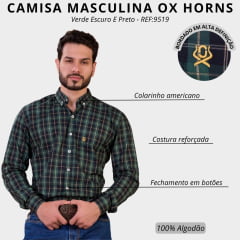 Camisa Masculina Ox Horns Manga Longa Xadrez Verde Escuro E Preto Logo Amarelo REF:9519