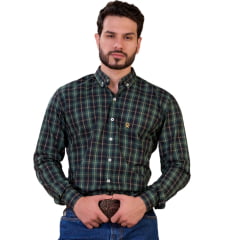 Camisa Masculina Ox Horns Manga Longa Xadrez Verde Escuro E Preto Logo Amarelo REF:9519