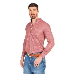 Camisa Masculina Ox Horns Manga Longa Xadrez Vermelho/Crú Com Logo Bordada Em Cinza Claro Ref:9566