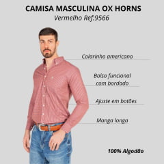 Camisa Masculina Ox Horns Manga Longa Xadrez Vermelho/Crú Com Logo Bordada Em Cinza Claro Ref:9566