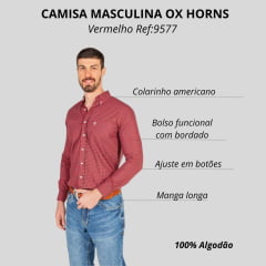 Camisa Masculina Ox Horns Manga Longa Xadrez Vermelho E Preto Com Logo Bordada Em Cinza Ref:9577