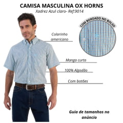 Camisa Masculina Ox Horns Xadrez Azul Clara Com Logo Azul Manga Curta Ref:9014