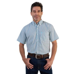 Camisa Masculina Ox Horns Xadrez Azul Clara Com Logo Azul Manga Curta Ref:9014