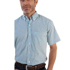 Camisa Masculina Ox Horns Xadrez Azul Clara Com Logo Azul Manga Curta Ref:9014