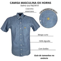 Camisa Masculina Ox Horns Xadrez Azul Manga Curta Com Logo Amarelo Ref:9010