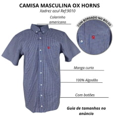 Camisa Masculina Ox Horns Xadrez Azul Manga Curta Com Logo Vermelho Ref:9010