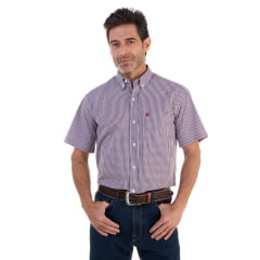 Camisa Masculina Ox Horns Xadrez Azul Vermelho Com Logo Vermelho Manga Curta Ref:9019