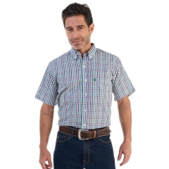 Camisa Masculina Ox Horns Xadrez Verde Azul Branco Manga Curta Com Logo Verde Ref:9016