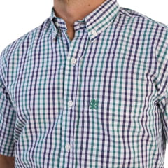 Camisa Masculina Ox Horns Xadrez Verde Azul Branco Manga Curta Com Logo Verde Ref:9016