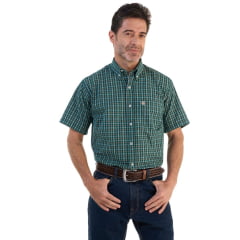 Camisa Masculina Ox Horns Xadrez Verde Manga Curta Com Logo Bege Ref:9017