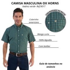 Camisa Masculina Ox Horns Xadrez Verde Manga Curta Com Logo Bege Ref:9017