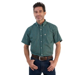 Camisa Masculina Ox Horns Xadrez Verde Manga Curta Com Logo Bege Ref:9017