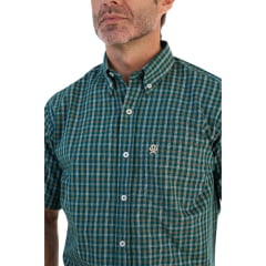 Camisa Masculina Ox Horns Xadrez Verde Manga Curta Com Logo Bege Ref:9017