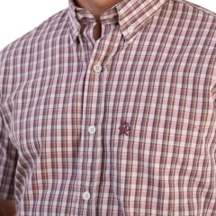 Camisa Masculina Ox Horns Xadrez Vinho Rosa Bege Manga Curta Com Logo Vinho Ref:9018