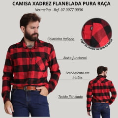 Camisa Masculina Pura Raça Country Manga Longa Flanela Xadrez Vermelho R.07.0077.0036