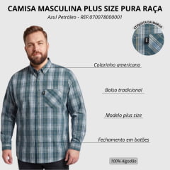 Camisa Masculina Pura Raça Plus Size Xadrez Azul Petróleo Regular Fit Manga Longa REF:070078000001