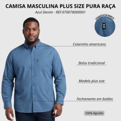 Camisa Masculina Pura Raça Plus Size Xadrez Azul Denim Regular Fit Manga Longa REF:070078000001