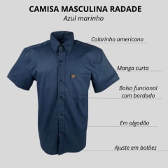 Camisa Masculina Radade Azul Marinho Lisa Manga Curta Com Logo Marrom Ref:LIsa OX