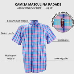 Camisa Masculina Radade Manga Curta Xadrez Rosa/Azul Claro Ref:MC 311