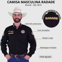 Camisa Masculina Radade Manga Longa Brands Preta Bordado Dourado Ref: 3819