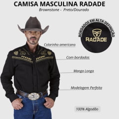 Camisa Masculina Radade Manga Longa Brownstone Preta Bordado Dourado Ref: 4625