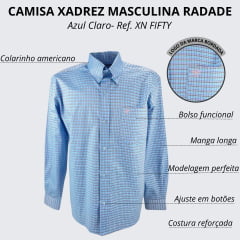 Camisa Masculina Radade Manga Longa Xadrez Azul Claro Ref:XN FIFTY