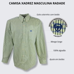 Camisa Masculina Radade Xadrez Verde Com Logo Azul Manga Longa