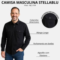 Camisa Masculina Stellablu Manga Longa Sarja Com Elastano Preto Ref: 3154