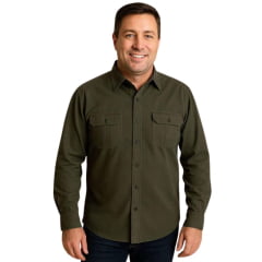 Camisa Masculina Stellablu Manga Longa Sarja Com Elastano Verde Militar Ref: 3154V