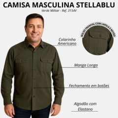 Camisa Masculina Stellablu Manga Longa Sarja Com Elastano Verde Militar Ref: 3154V