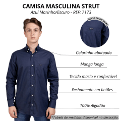 Camisa Masculina Strut Manga Longa Azul Marinho Lisa Com Bolso REF: 7173