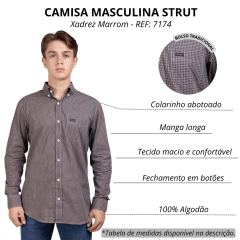 Camisa Masculina Strut Manga Longa Xadrez Pequeno Marrom/Branco Com Bolso REF: 7174