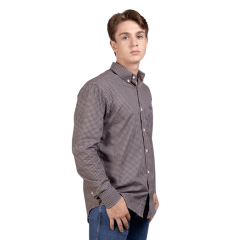 Camisa Masculina Strut Manga Longa Xadrez Pequeno Marrom/Branco Com Bolso REF: 7174