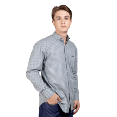 Camisa Masculina Strut Manga Longa Xadrez Pequeno Verde/Azul Com Bolso REF: 7174