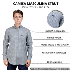 Camisa Masculina Strut Manga Longa Xadrez Pequeno Verde/Azul Com Bolso REF: 7174