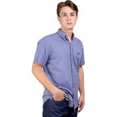 Camisa Masculina Strut Manga Curta Xadrez Pequeno Azul Marinho Com Bolso Ref: 7179