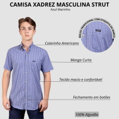 Camisa Masculina Strut Manga Curta Xadrez Pequeno Azul Marinho Com Bolso Ref: 7179
