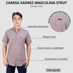 Camisa Masculina Strut Manga Curta Xadrez Pequeno Laranja E Azul Com Bolso Ref: 7176