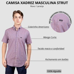 Camisa Masculina Strut Manga Curta Xadrez Pequeno Roxo E Laranja Com Bolso Ref: 7177