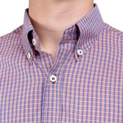 Camisa Masculina Strut Manga Curta Xadrez Pequeno Roxo E Laranja Com Bolso Ref: 7177