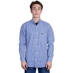 Camisa Masculina Strut Manga Longa Xadrez Pequeno Azul E Branco Com Bolso Ref: 7242