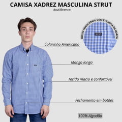 Camisa Masculina Strut Manga Longa Xadrez Pequeno Azul E Branco Com Bolso Ref: 7242