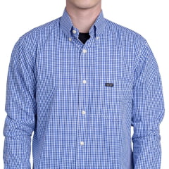 Camisa Masculina Strut Manga Longa Xadrez Pequeno Azul E Branco Com Bolso Ref: 7242