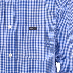 Camisa Masculina Strut Manga Longa Xadrez Pequeno Azul E Branco Com Bolso Ref: 7242