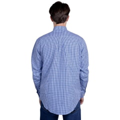 Camisa Masculina Strut Manga Longa Xadrez Pequeno Azul E Branco Com Bolso Ref: 7242